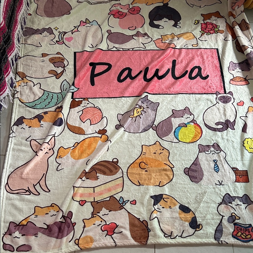 Cutest fleece cat blanket with the name, spelled PAWLA!!  Unique and special!!!